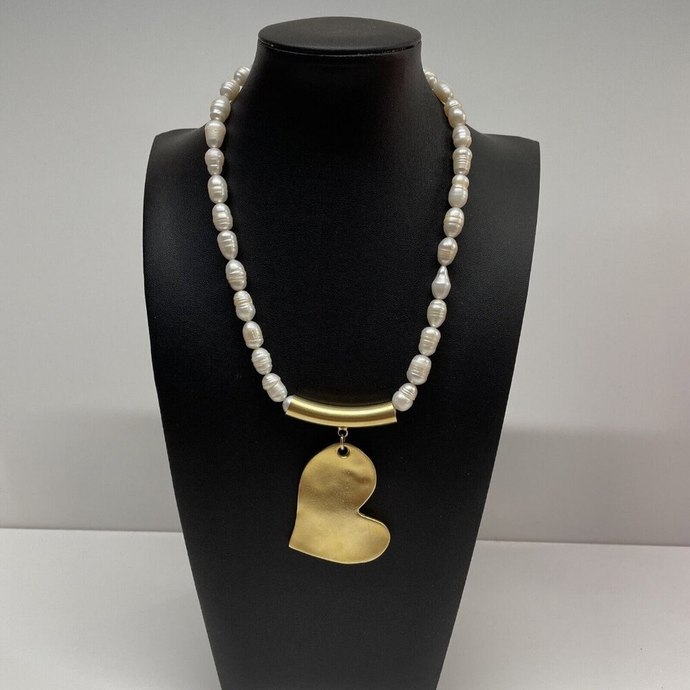 Zzan Faux Pearl Gold Tone Big Heart‎ Pendant Necklace Statement Modernist AL2